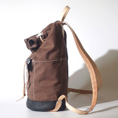 Handmade Canvas Mens Leather Bucket Backpack Travel Backpack Hiking Backpack for Men