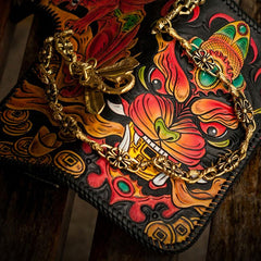 Handmade Leather Monster Mens Chain Biker Wallets Cool Tooled Leather Wallet Long Wallets for Men