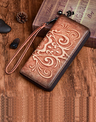 Handmade Womens Floral Leather Zip Around Wallet Wristlet Wallet Floral Ladies Zipper Clutch Wallet for Women