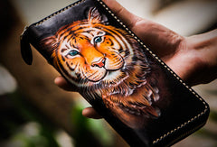 Handmade leather tiger biker wallet long wallet black leather men phone - EverHandmade