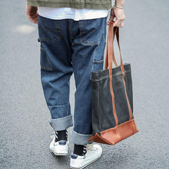 Black Vintage Leather Men Womens Large Tote Bag Brown Shoulder Tote Bag Shopper Tote For Men