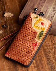 Handmade Flowers Leather Wristlet Wallet Womens Floral Zip Around Wallets Flowers Ladies Zipper Clutch Wallet for Women