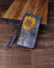 Handmade Sunflower Leather Wristlet Wallet Womens Zip Around Wallets Sunflower Ladies Zipper Clutch Wallet for Women