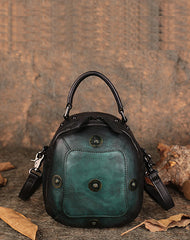 Small Red Leather Womens Rivets Shoulder Bag Barrel Small Handmade Handbag Purse for Ladies
