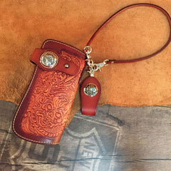 Handmade Leather Tooled Skull Mens Chain Biker Wallet Cool Leather Wallet Long Wallet for Men