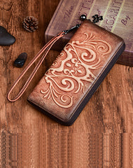 Handmade Womens Floral Red Leather Zip Around Wallet Wristlet Wallet Floral Ladies Zipper Clutch Wallet for Women