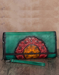 Vintage Floral Green Leather Wristlet Wallet Womens Floral Shoulder Wallet Purse Zip Purse Chain Shoulder Bag for Women