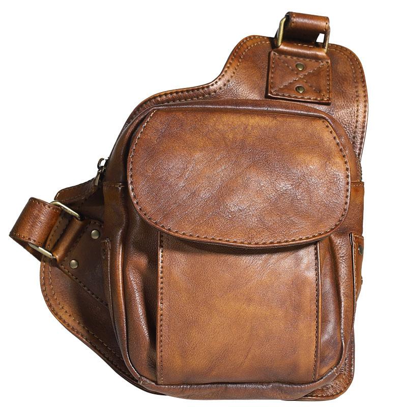 Brown MENS Vintage LEATHER Sling Bag Chest Bag Gray One Shoulder Backpack For Men