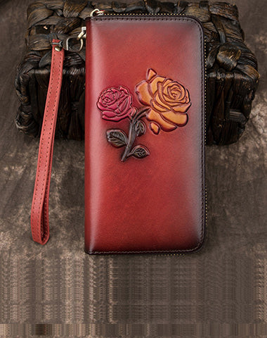 Womens Rose Flowers Red Leather Wristlet Wallets Zip Around Wallet Flowers Ladies Zipper Clutch Wallet for Women