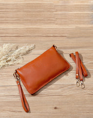 Orange Leather Wristlet Wallet Womens Small Minimalist Shoulder Purse Zip Crossbody Purse Slim Shoulder Bag for Women