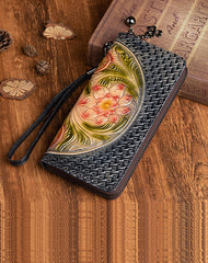 Vintage Floral Black Leather Wristlet Wallet Womens Flower Zip Around Wallets Floral Ladies Zipper Clutch Wallets for Women