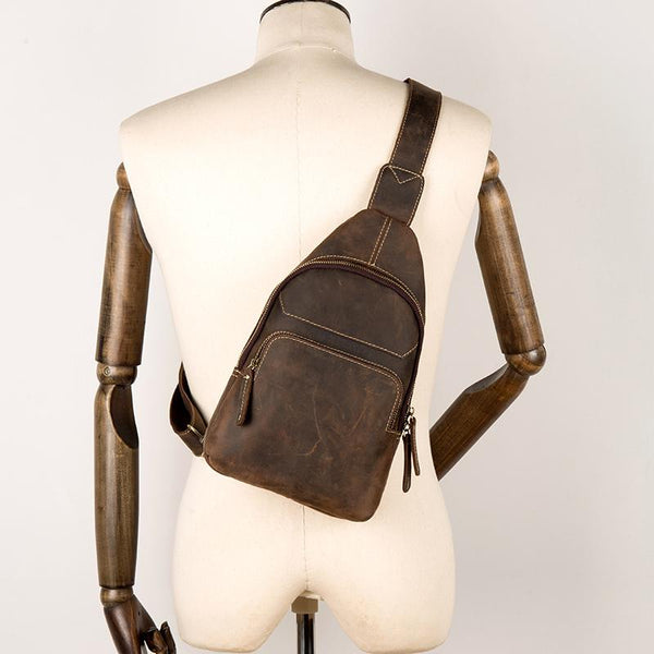 Cool Dark Brown Leather Mens Sling Bags - Back View