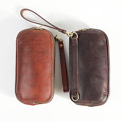 Vintage Leather Mens Clutch Cool Handmade Wallet Triple Zippers Clutch Wristlet Wallet for Men