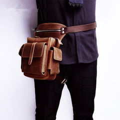 Cool Brown Leather Men's Drop Leg Bag Small Side Bag Belt Pouch Waist Bag For Men