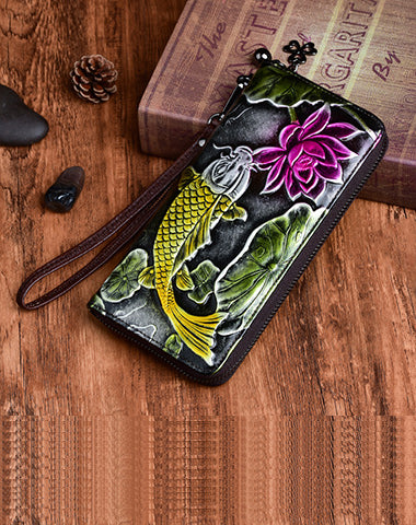 Womens Carp&Lotus Flower Silver Leather Zip Around Wallet Wristlet Wallet Floral Ladies Zipper Clutch Wallet for Women