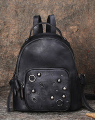Best Vintage Rivet Black Gray Leather Rucksack Womens Small School Backpacks Leather Backpack Purse
