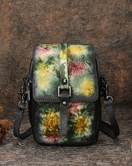 Green Floral Leather Womens VIntage Phone Shoulder Bag Small Side Bag Handmade Crossbody Purse for Ladies