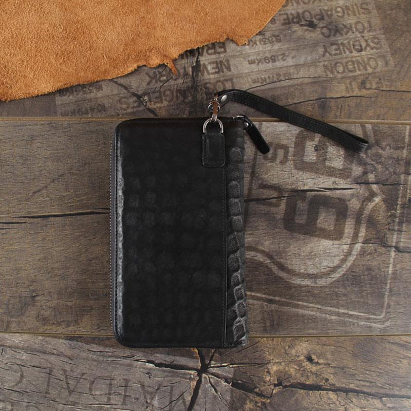 Handmade Genuine Leather Mens Cool Long Leather Wallet Zipper Clutch Wristlet Wallet for Men