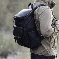 Cool Genuine Leather Mens Backpack Large Black Travel Backpack Hiking Backpack for men