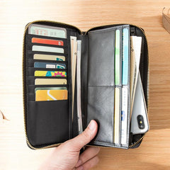 Black Cool Leather Mens Long Wallets Bifold Zipper Gray Long Wallet Card Wallet for Men