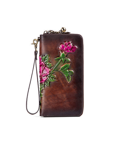 Womens Coffee Leather Zip Around Wallets Peony Flower Wristlet Wallets Floral Ladies Zipper Clutch Wallet for Women