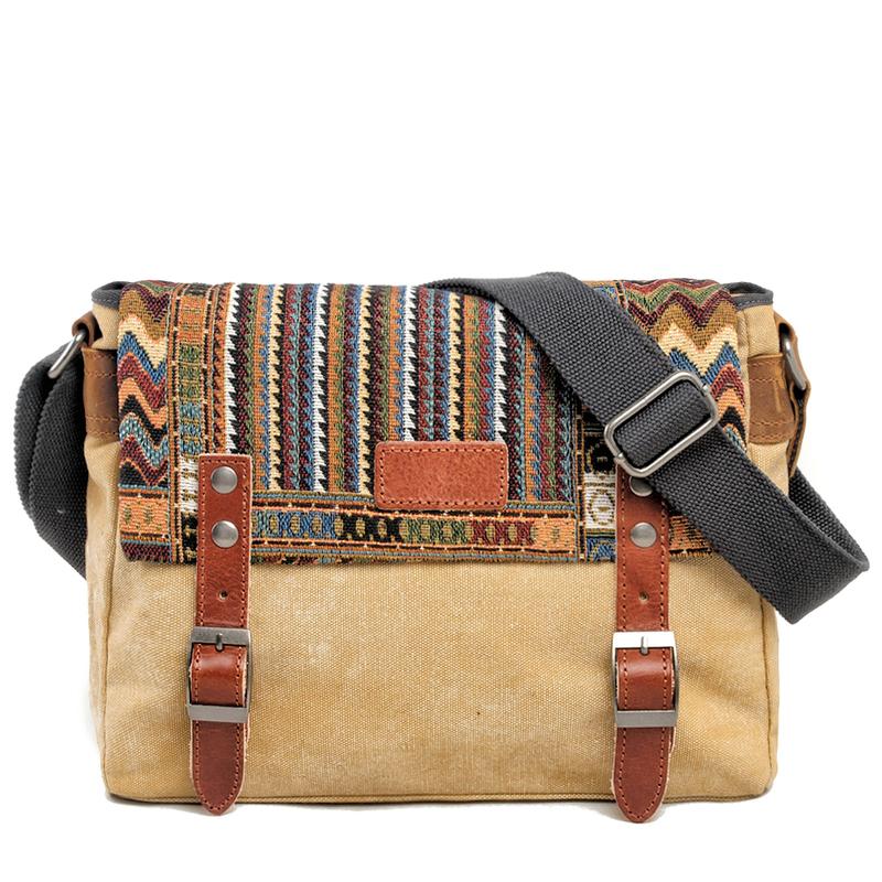 Cool Retro Waxed Canvas Leather Mens Womens Ethnic Shoulder Bag 13'' Side Bag Messenger Bag Postman Bag For Men