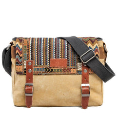 Cool Retro Waxed Canvas Leather Mens Womens Ethnic Shoulder Bag 13'' Side Bag Messenger Bag Postman Bag For Men