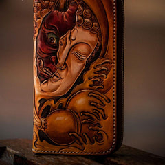 Handmade Mens Long Leather Wallet Cool Buddha&Demon Tooled Wallet Long Zipper Wallets for Men