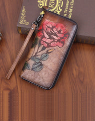 Womens Rose Flower Green Leather Wristlet Wallets Zip Around Wallet Flower Ladies Zipper Clutch Wallet for Women