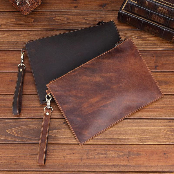 Brown MENS LEATHER SLIM ZIPPER CLUTCH WRISTLET PURSE CLUTCH BAGs FOR MEN