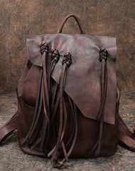 Vintage Brown Leather Rucksack WIth Tassels Womens Western Leather Backpack Ladies Backpack Purses