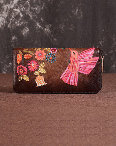 Womens Hummingbird Coffee Leather Wristlet Wallet Floral Ladies Zipper Clutch Wallet Zip Around Wallet for Women