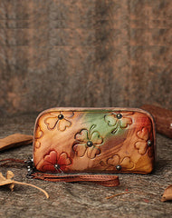 Handmade Womens Clover Leather Long Wallet Zipper Clutch Wristlet Wallet for Women