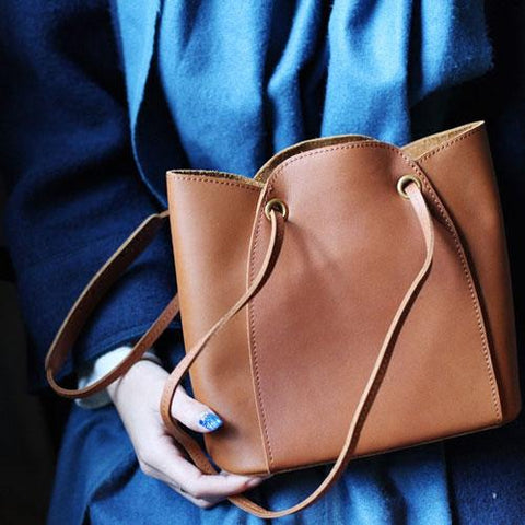 Fashion womens leather Brown Bucket Shoulder Bag Bucket Side Bag Crossbody Purse for Ladies