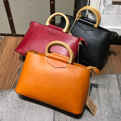 Vintage Womens Brown Leather Structured Handbag Black Wooden Top Handle Satchel Shoulder Bag Purse