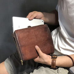 Handmade Black Leather Mens Bifold Wristlet Wallet Brown Clutch Wallet IPAD Bag Clutch Purse Men