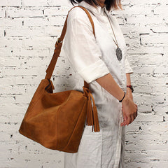 Vintage LEATHER WOMEN Bucket Bag SHOULDER BAG Purse with Tassel FOR WOMEN