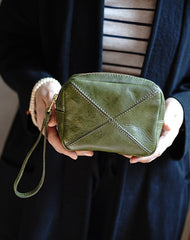 Vintage Green Leather Wristlet Wallet Zipper Clutch Wallet  Womens Tan Ladies Zip Around Wallets for Women