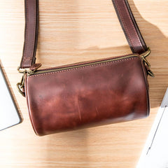 Red Brown Cool Leather Mens 8 inches Barrel Side Bag Bucket Messenger Bags Courier Bag for Men