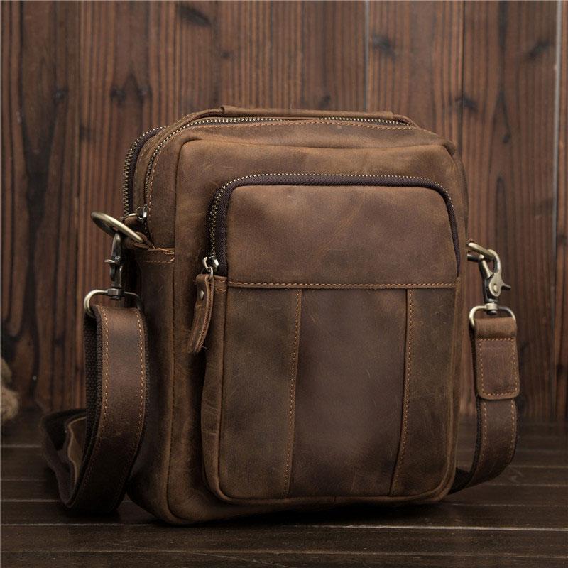 Cool Mens Leather Small Side Bag Small Messenger bag Shoulder bag For Men