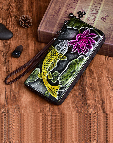 Womens Carp&Lotus Flower Leather Zip Around Wallet Wristlet Wallet Floral Ladies WW00991004