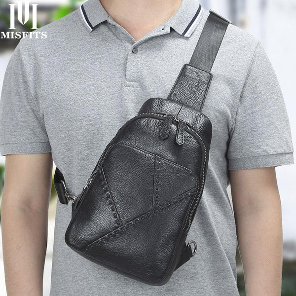 Black Leather Men's 8 inch One shoulder - Back View