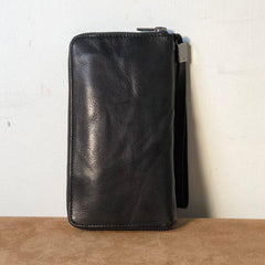 Genuine Leather Mens Cool Long Leather Wallet Zipper Clutch Wristlet Wallet for Men