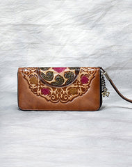 Handmade Floral Brown Leather Wristlet Wallet Womens Zip Around Wallets Floral Cards Ladies Zipper Clutch Wallet for Women