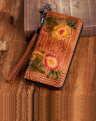 Handmade Floral Leather Wristlet Wallet Crocodile Pattern Womens Zip Around Wallets Flowers Ladies Zipper Clutch Wallet for Women