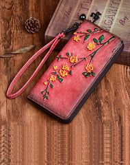 Handmade Womens Coffee Leather Plum Blossom Flowers Wristlet Wallet Zip Around Wallet Ladies Zipper Clutch Wallet for Women