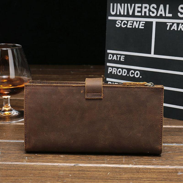 Cool Vintage Mens Brown Leather Brifold Long Wallet for Men Long Wallet FY01392095