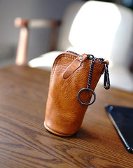Vintage Women Brown Leather Zip Key Wallet Car Key Holder Coin Wallet Coin Pouch Change Wallet For Women