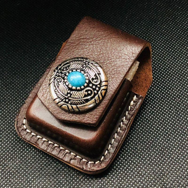 Coffee Handmade Leather Mens Stone Zippo Lighter - Back View