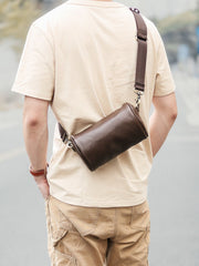 Black Leather Mens Small Casual Bucket Bag Barrel Messenger Bags Brown Postman Bag For Men